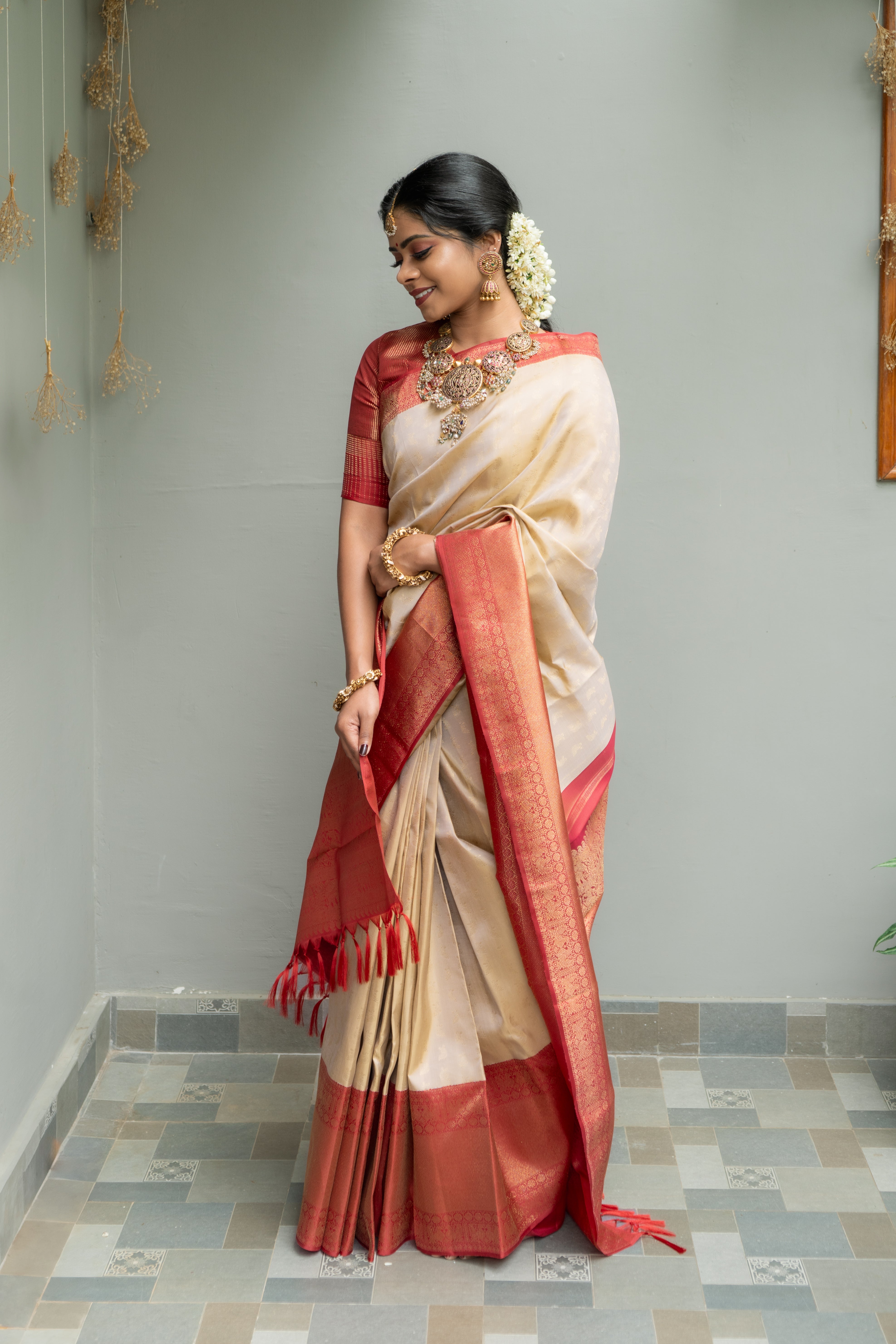 Cream and Araku Red Kanjivaram Bridal Saree – Silkyway Boutique